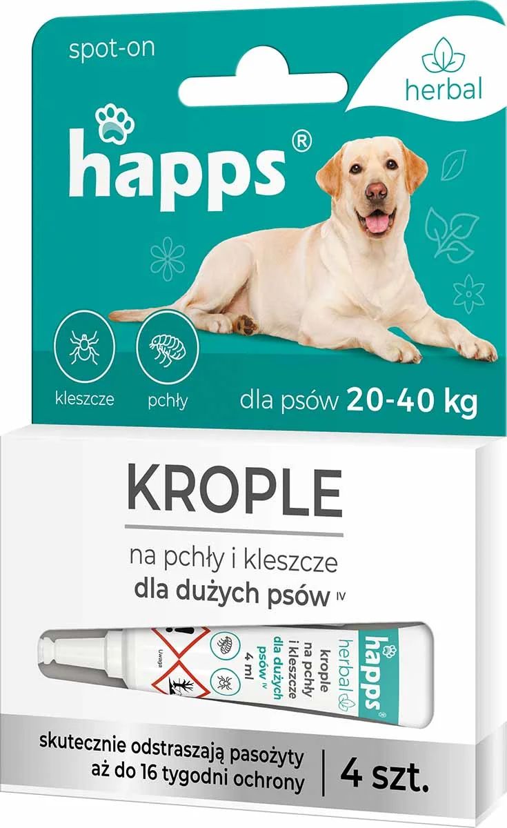 Happs Herbal krople na pchły i kleszcze dla dużych psów 20-40 kg, 4 x 1 ml