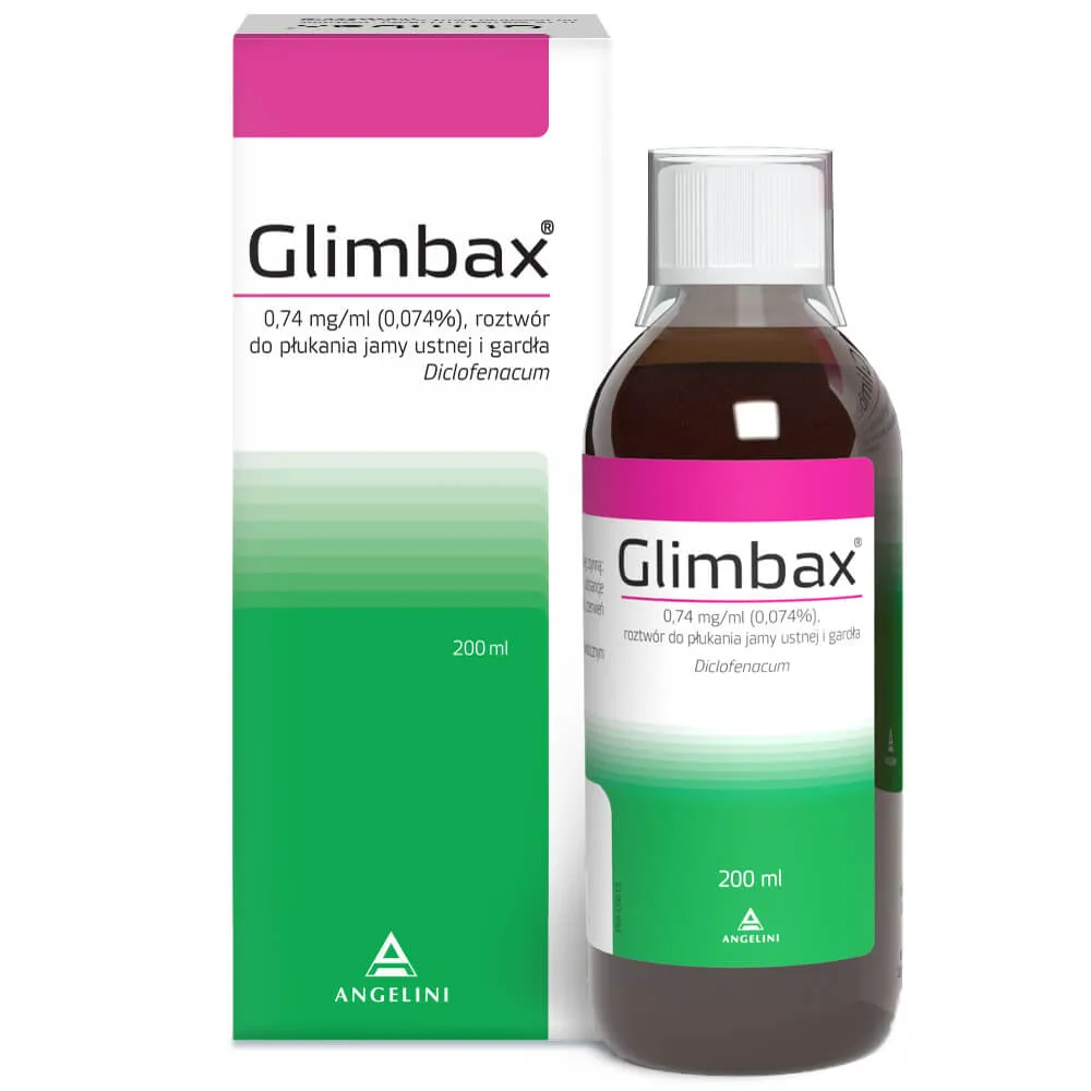 Glimbax 0,74 mg/ml ( 0,074% ), roztwór do płukania jamy ustnej i gardła, Diclofenacum 