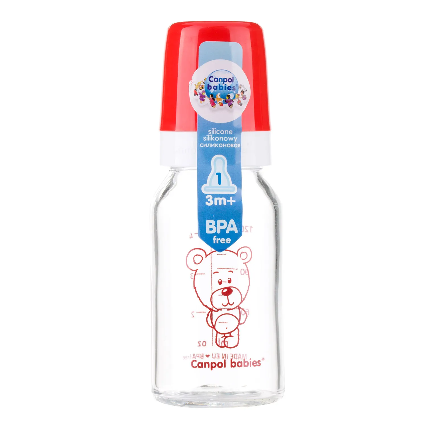 Canpol Babies, butelka szklana ze smoczkiem, rozmiar 1, wolny przepływ, 3-6 miesiąca 42/102, 120 ml 