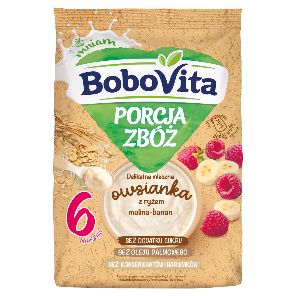 BoboVita Porcja Zbóż delikatna mleczna owsianka z ryżem banan-malina, 210 g