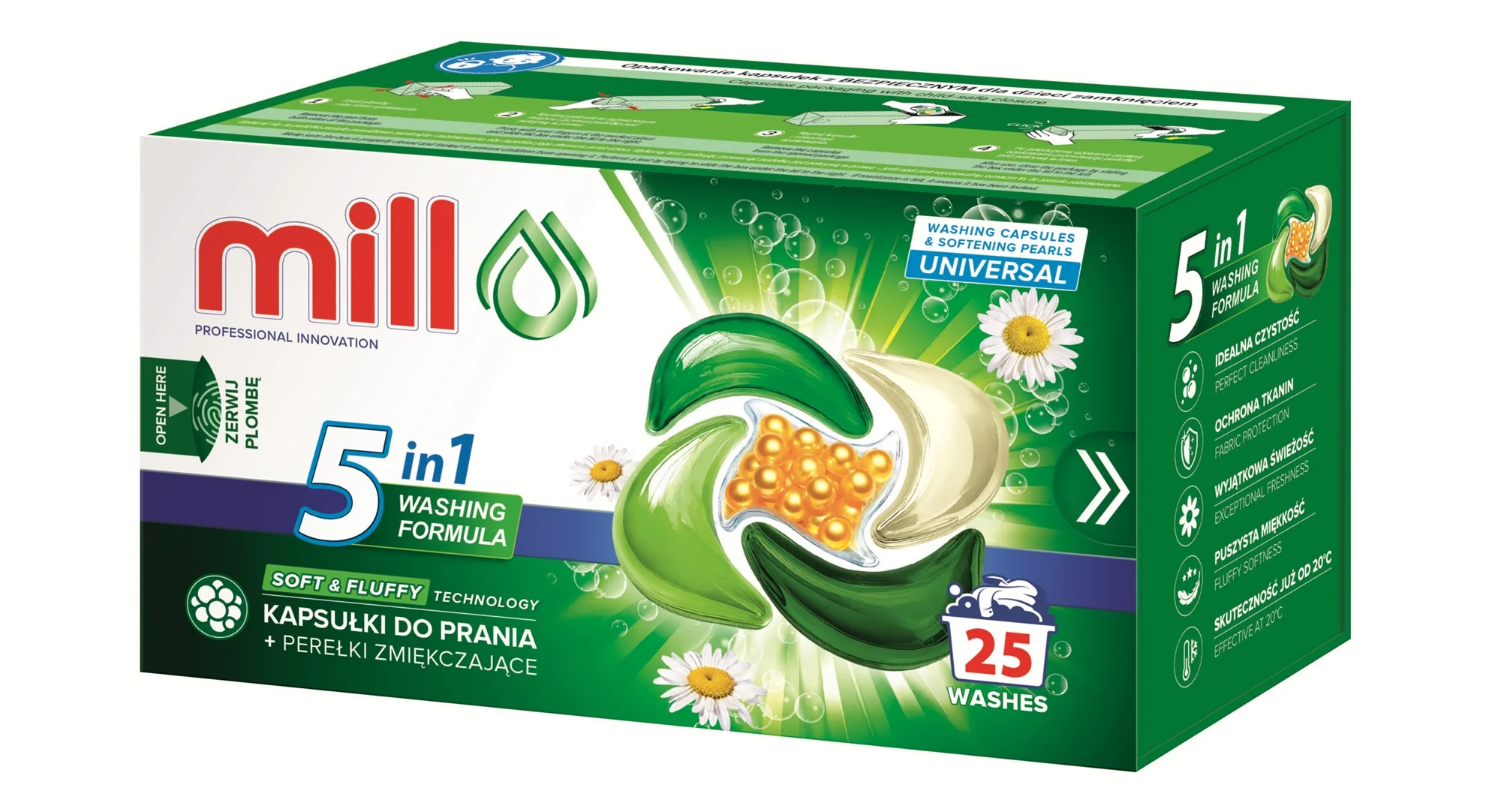 Mill Universal kapsułki do prania + perełki zmiękczające, 25 sztuk