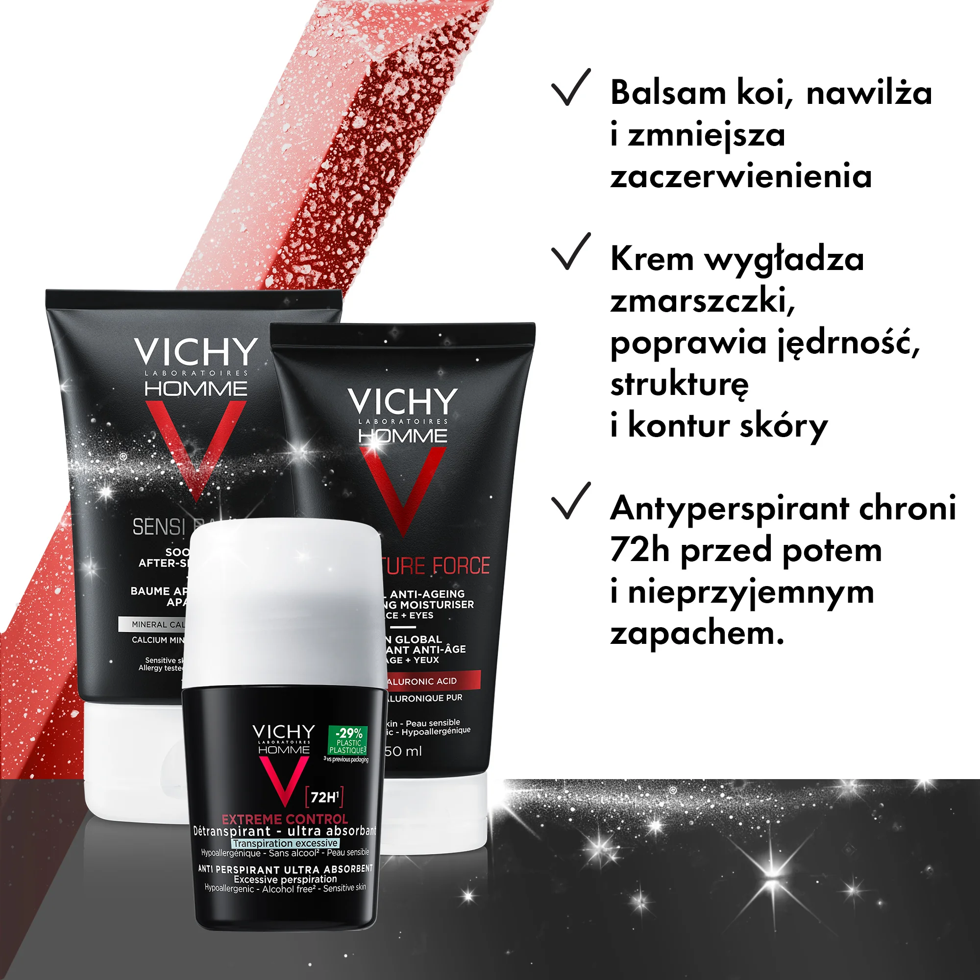 Vichy Homme Zestaw balsam po goleniu, 75 ml + krem przeciwzmarszczkowy, 50 ml + antyperspirant, 50 ml