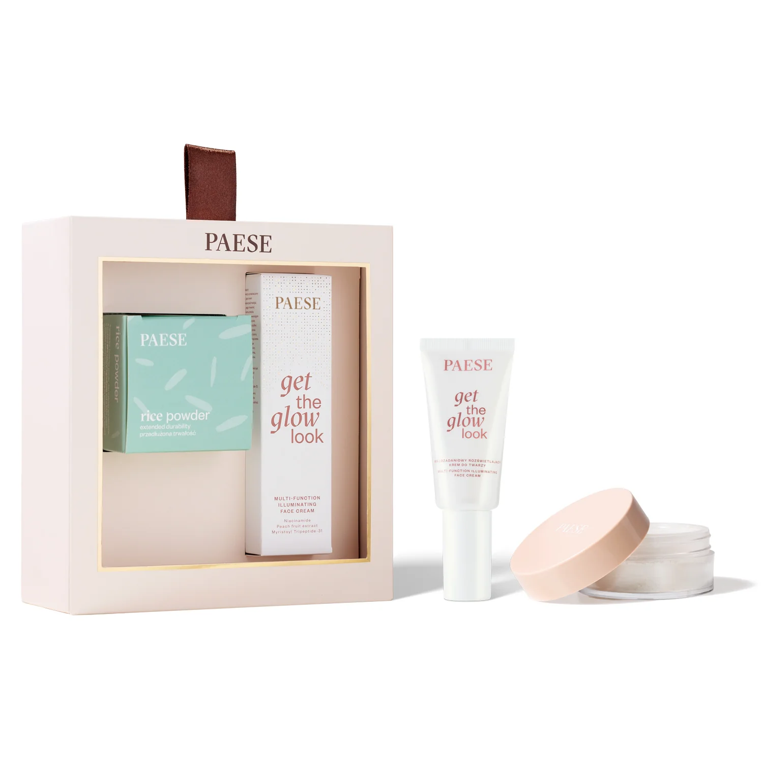 Paese zestaw świąteczny All About The Base 02 krem Get The Glow, 30 ml + puder ryżowy, 10 g