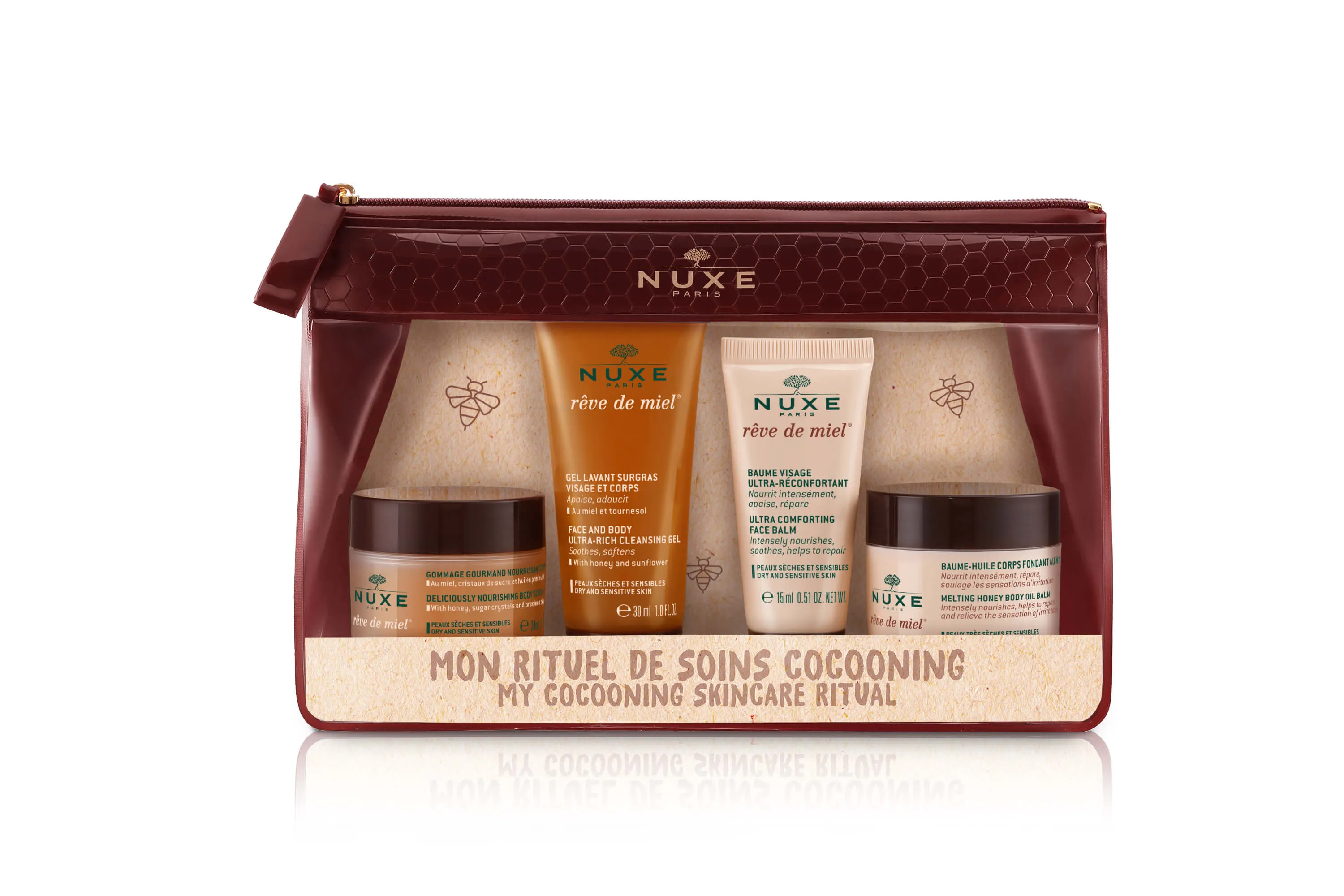 Nuxe Reve e Miel,  Kosmetyczka Cocooning 2020 (peeling do ciała+krem do twarzy+żel+balsam),  30ml+15ml+30ml+30ml)