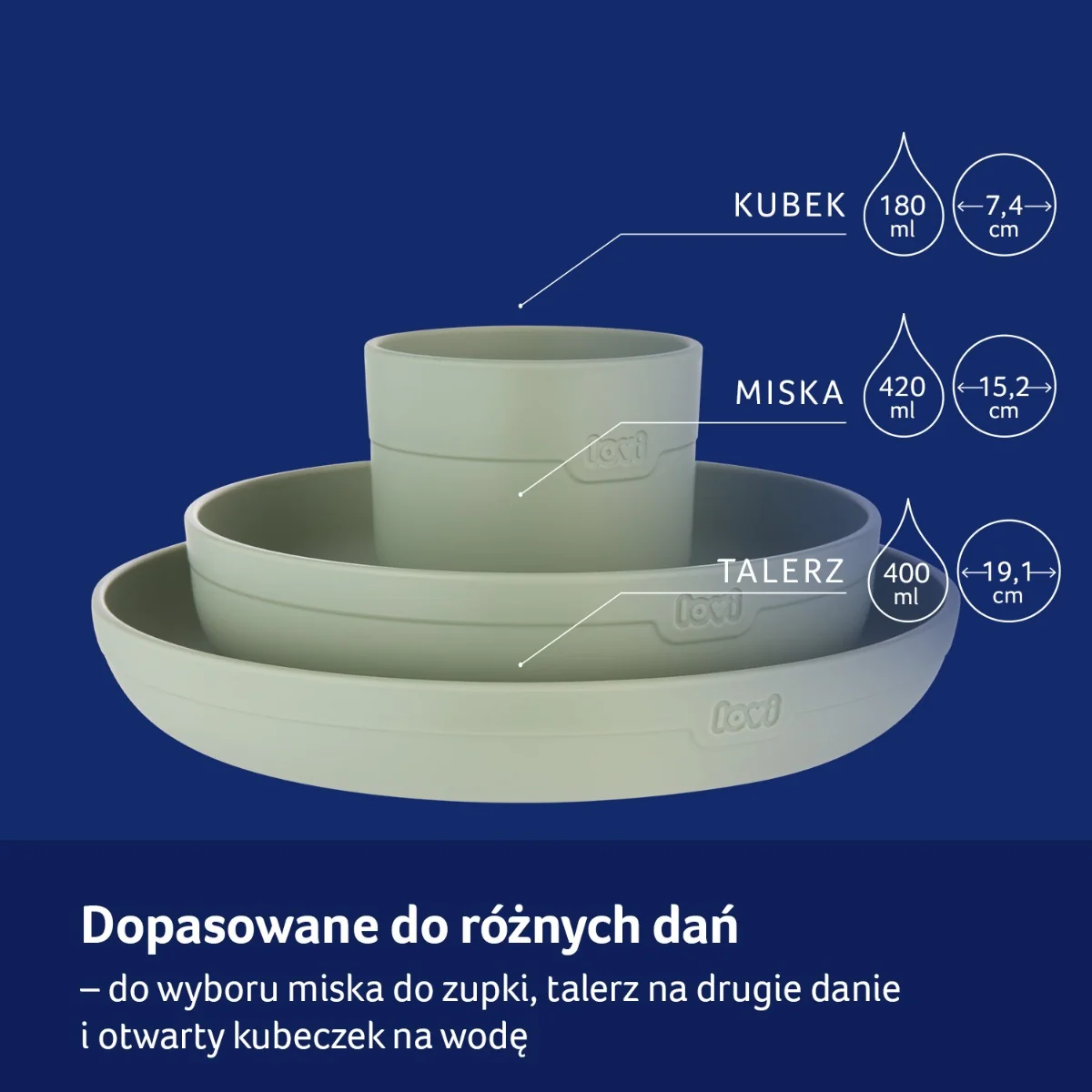 LOVI Zestaw naczyń z kubkiem pistachio, 3 sztuki
