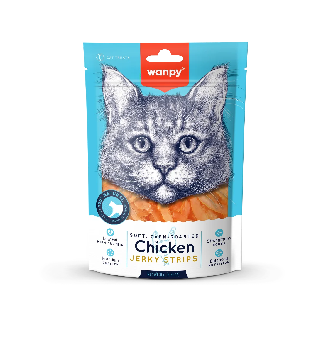 Wanpy Chicken Jerky Strips przysmak dla kota delikatne paseczki kurczaka, 80 g