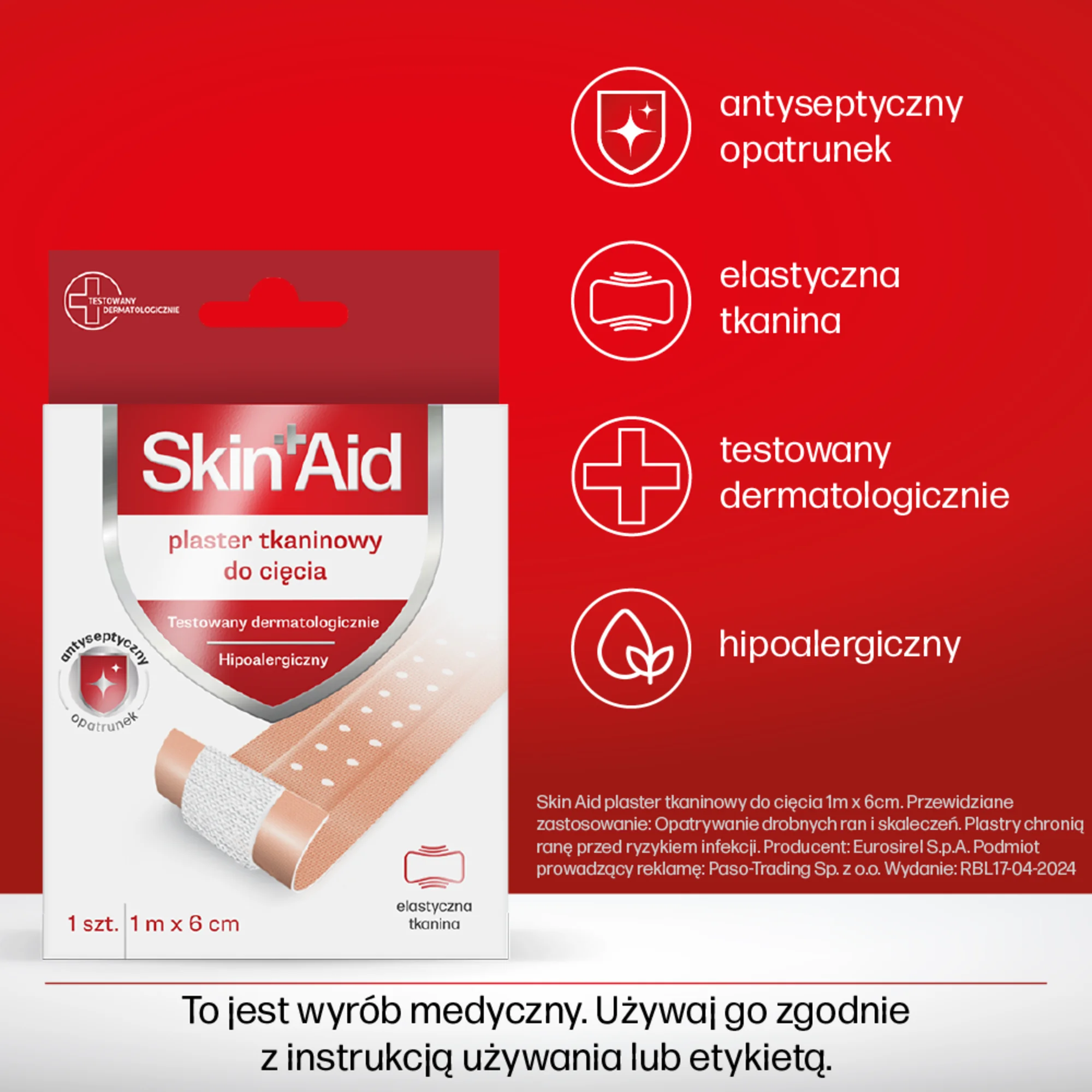 Skin Aid Plaster tkaninowy do cięcia 1 m x 6 cm, 1 sztuka