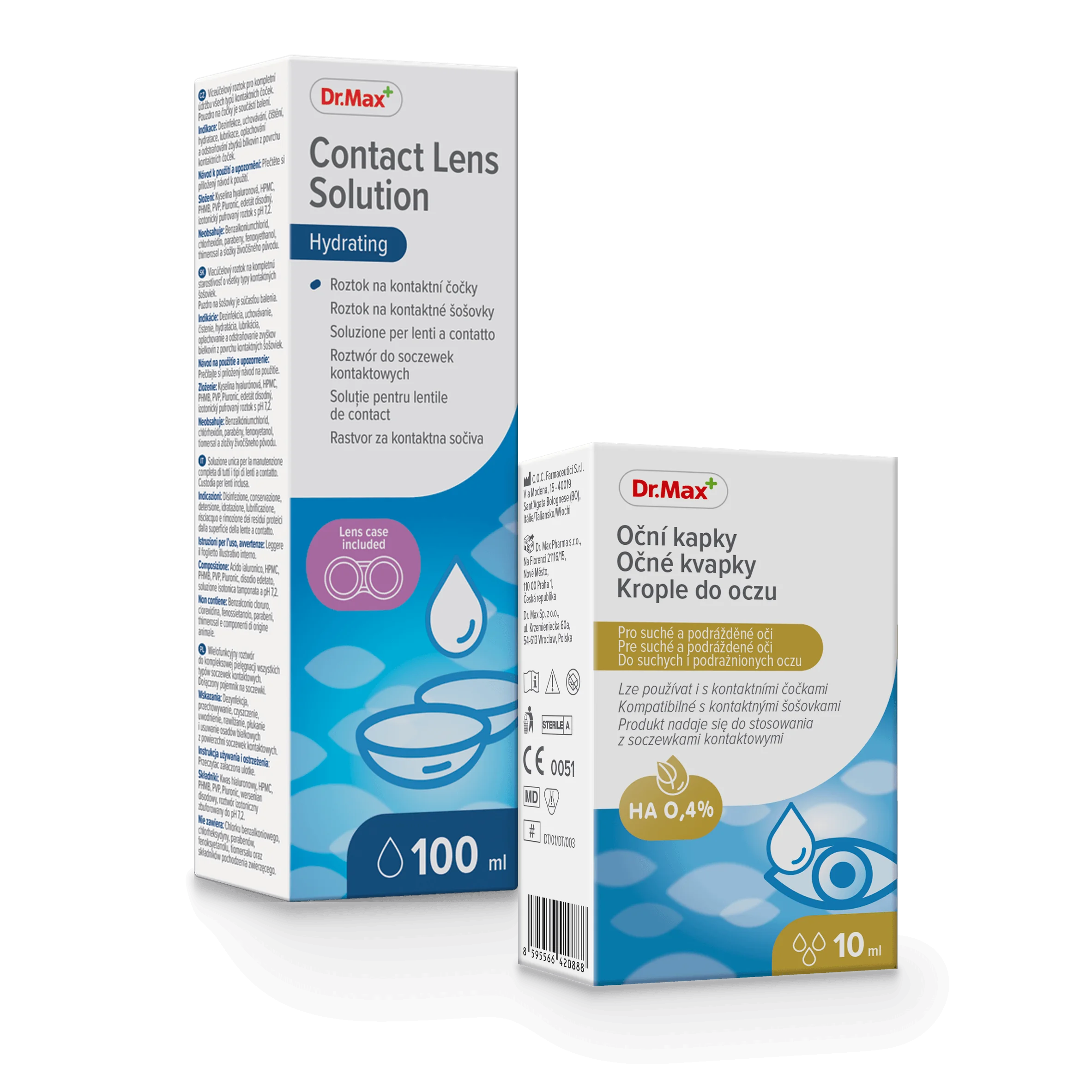 Komplet troski o zdrowe oczy Contact Lens Solution Dr. Max 100 ml + Krople do oczu Dr. Max 0,4% HA 10 ml