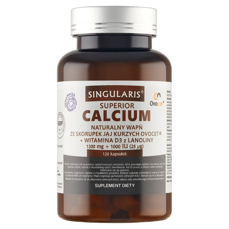 Singularis Calcium naturalny wapń ze skorupek jaj kurzych + witamina D3 z lanoliny, suplement diety, 120 kapsułek