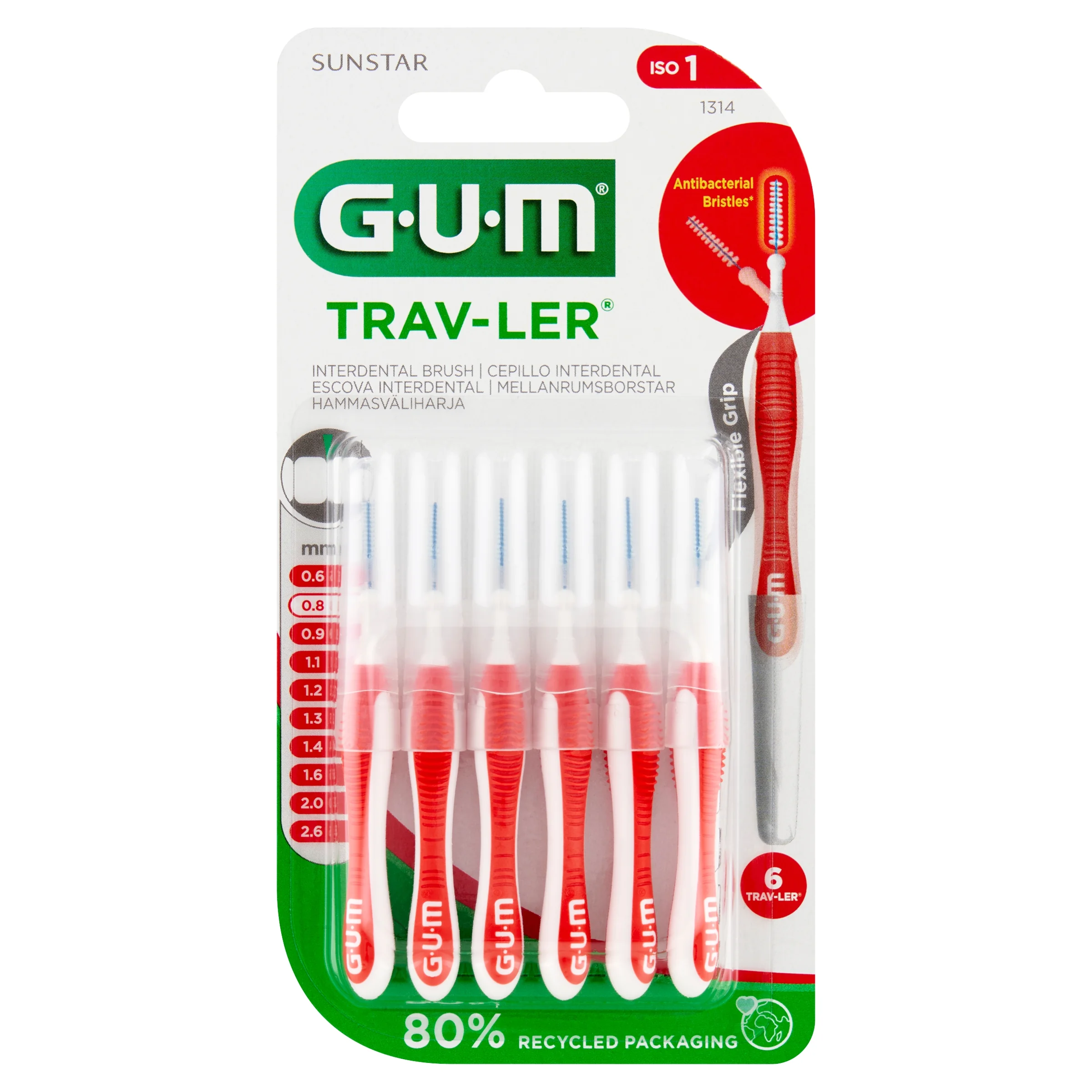 Sunstar Gum Trav-Ler czerwone szczoteczki międzyzębowe 0,8 mm, 6 sztuk