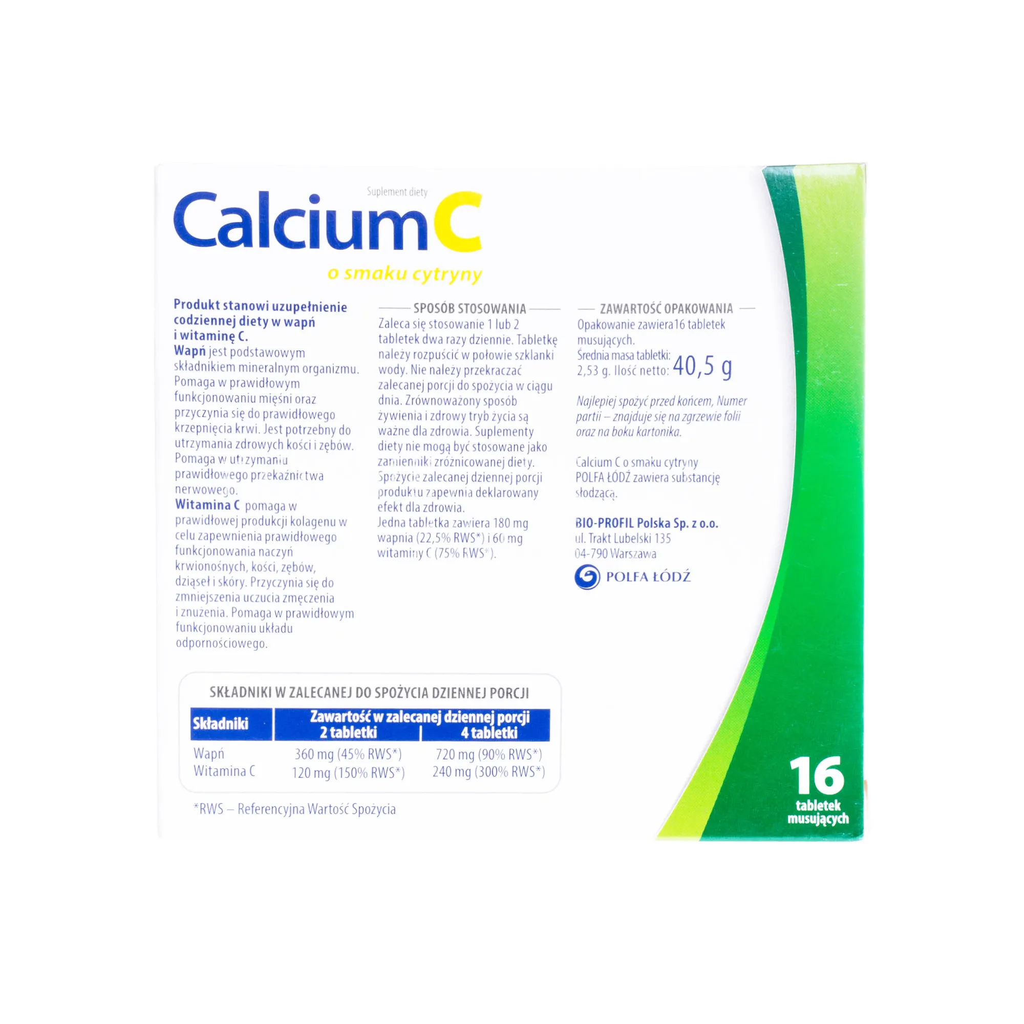 Calcium C o smaku cytryny, suplement diety, 16 tabletek musujących 