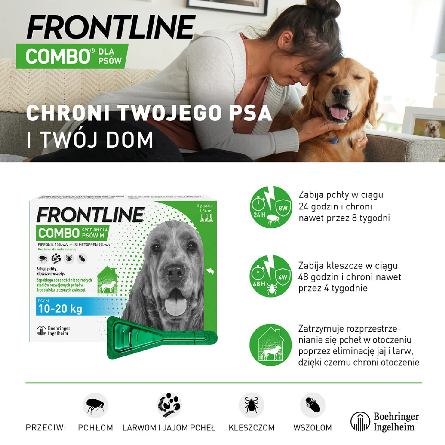 Frontline Combo M (134 mg + 120,60 mg)/1,34 ml, roztwór do nakrapiania dla psów 10-20 kg, 3 x 1,34 ml