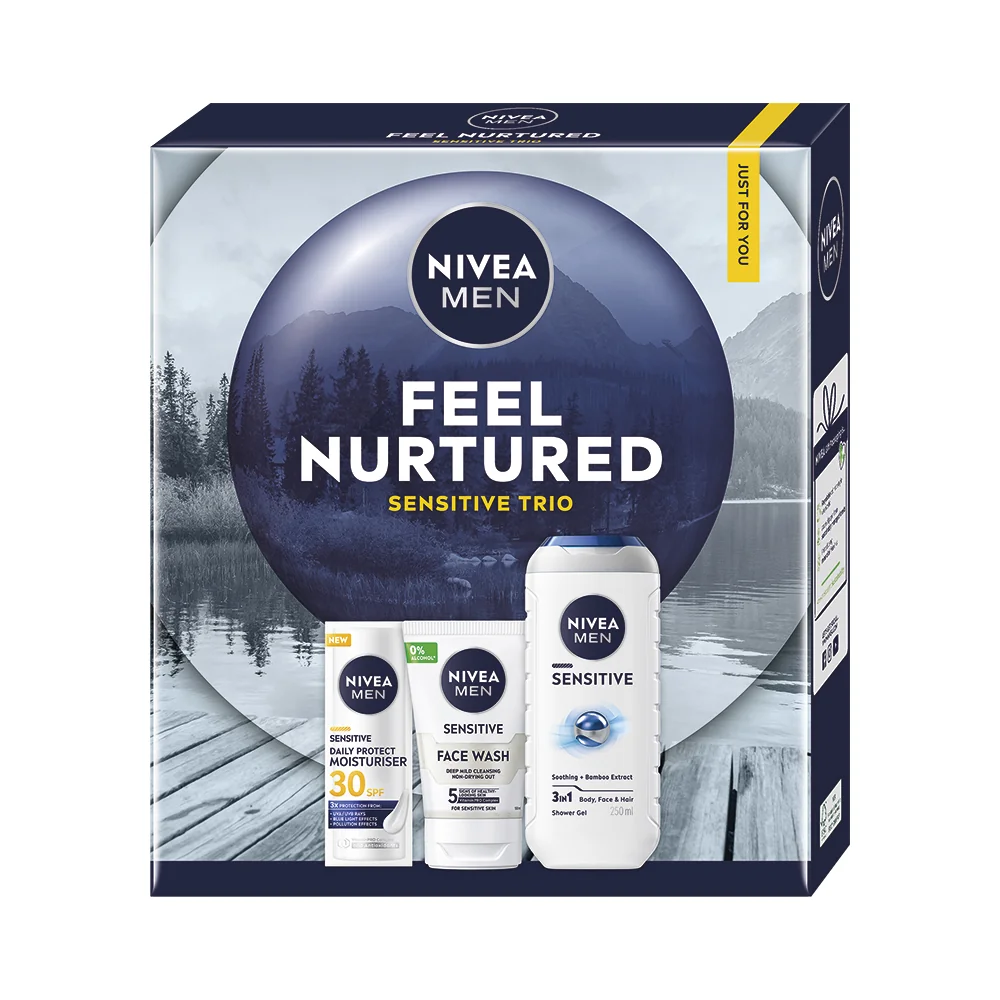 Nivea Men Feel Nurtured Zestaw żel pod prysznic 3w1, 250 ml + żel do twarzy, 100 ml + krem do twarzy z SPF 30, 50 ml