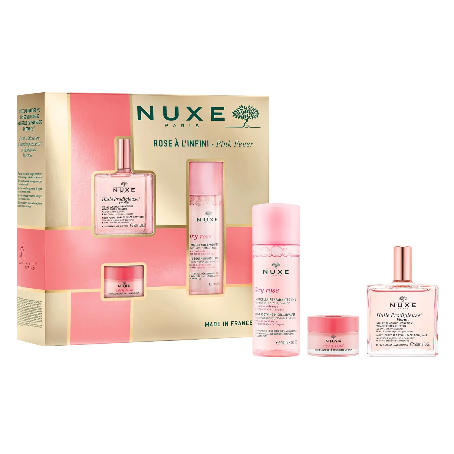 Nuxe Huile Prodigieuse Florale suchy olejek pielęgnacyjny o kwiatowym zapachu, 50 ml + Very Rose łagodząca woda micelarna, 100 ml + Very Rose różany balsam do ust, 15 g