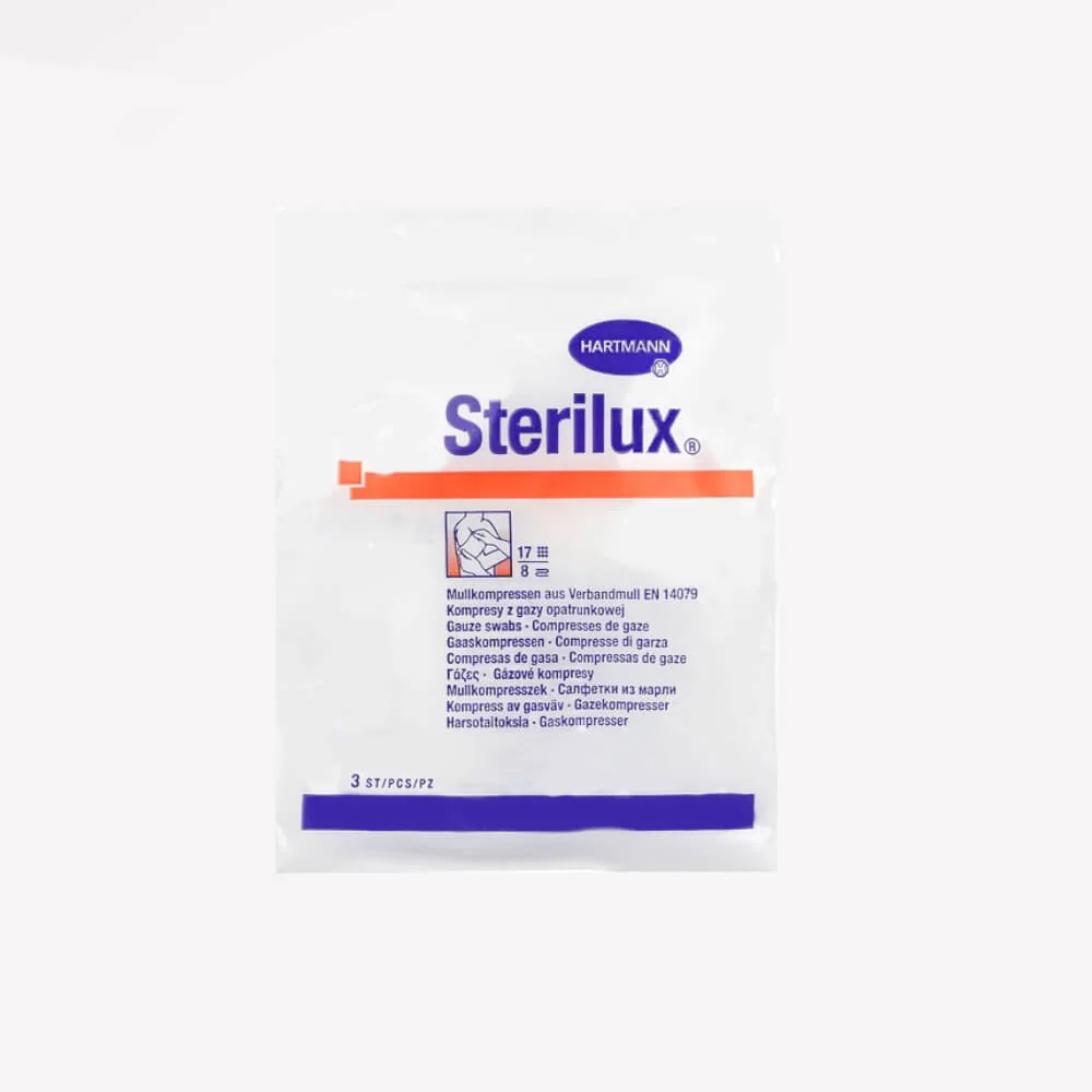 Sterilux kompresy z gazy bawełnianej jałowe, 17-nitkowe, 8 warstw, 7,5 cm x 7,5 cm, 3 szt.