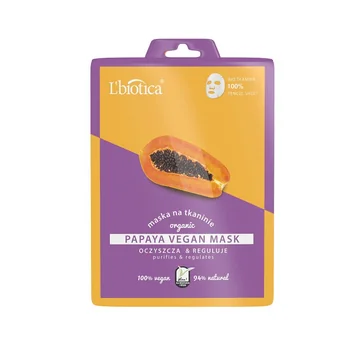 L'biotica Papaya Vegan oczyszczająca maska do twarzy na tkaninie, 23 ml
