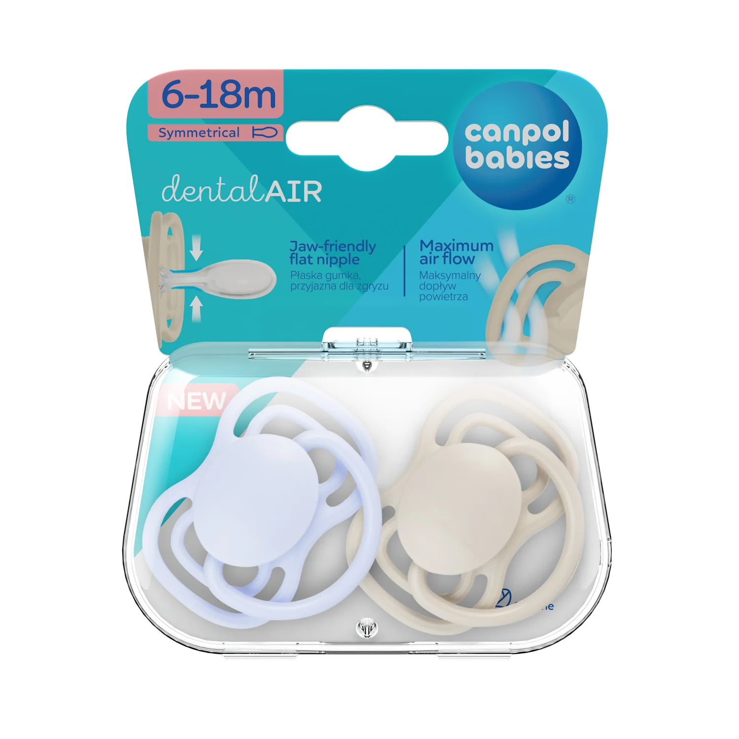Canpol Babies dentalAIR Smoczek silikonowy 6-18m symetryczny niebieski, 2 sztuki