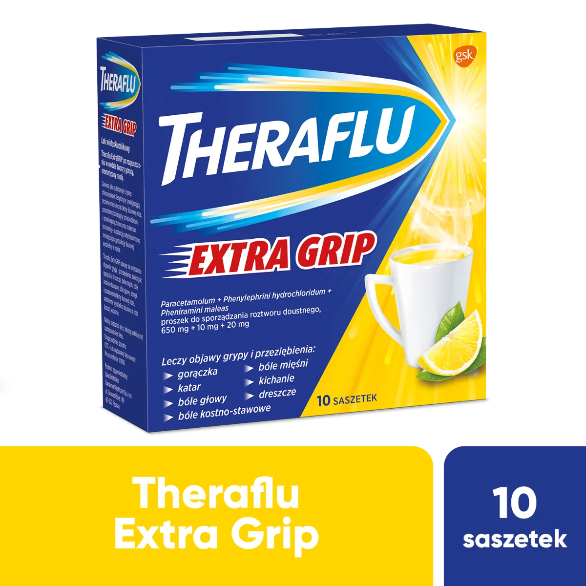 Theraflu Extra Grip, 650 mg + 10 mg + 20 mg, 10 saszetek 