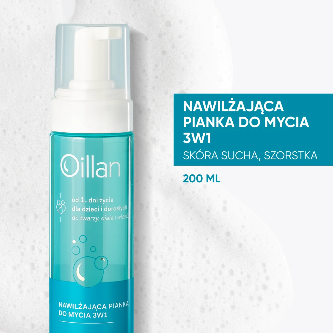 Oillan nawilżająca pianka do mycia ciała i włosów 3w1, 200 ml