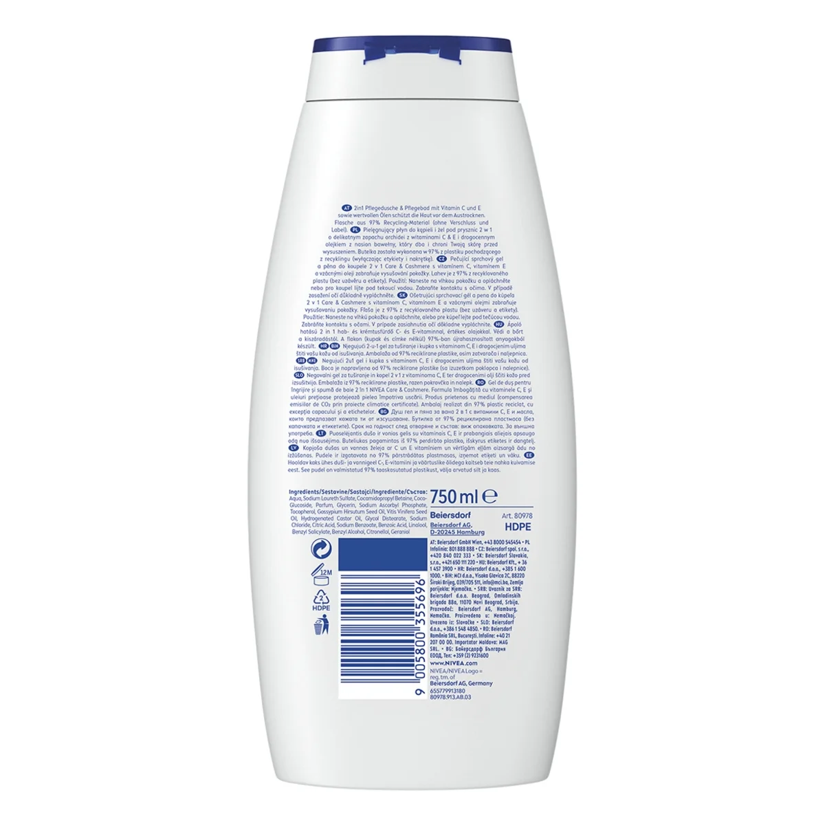 Nivea Care & Cashmere żel pod prysznic i płyn do kąpieli 2w1, 750 ml