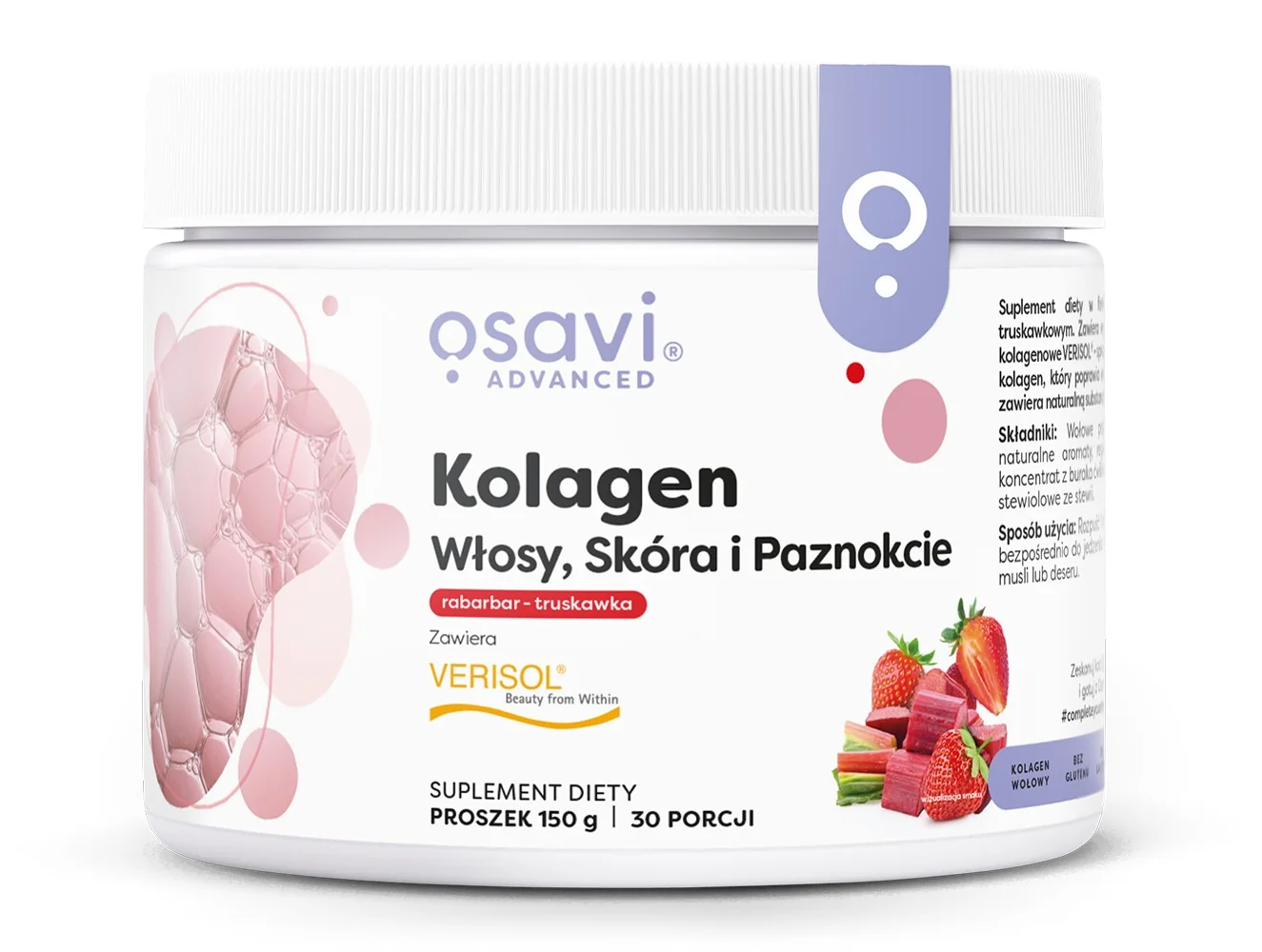 Osavi Kolagen Włosy Skóra i Paznokcie rabarbar & truskawka, proszek, 150 g