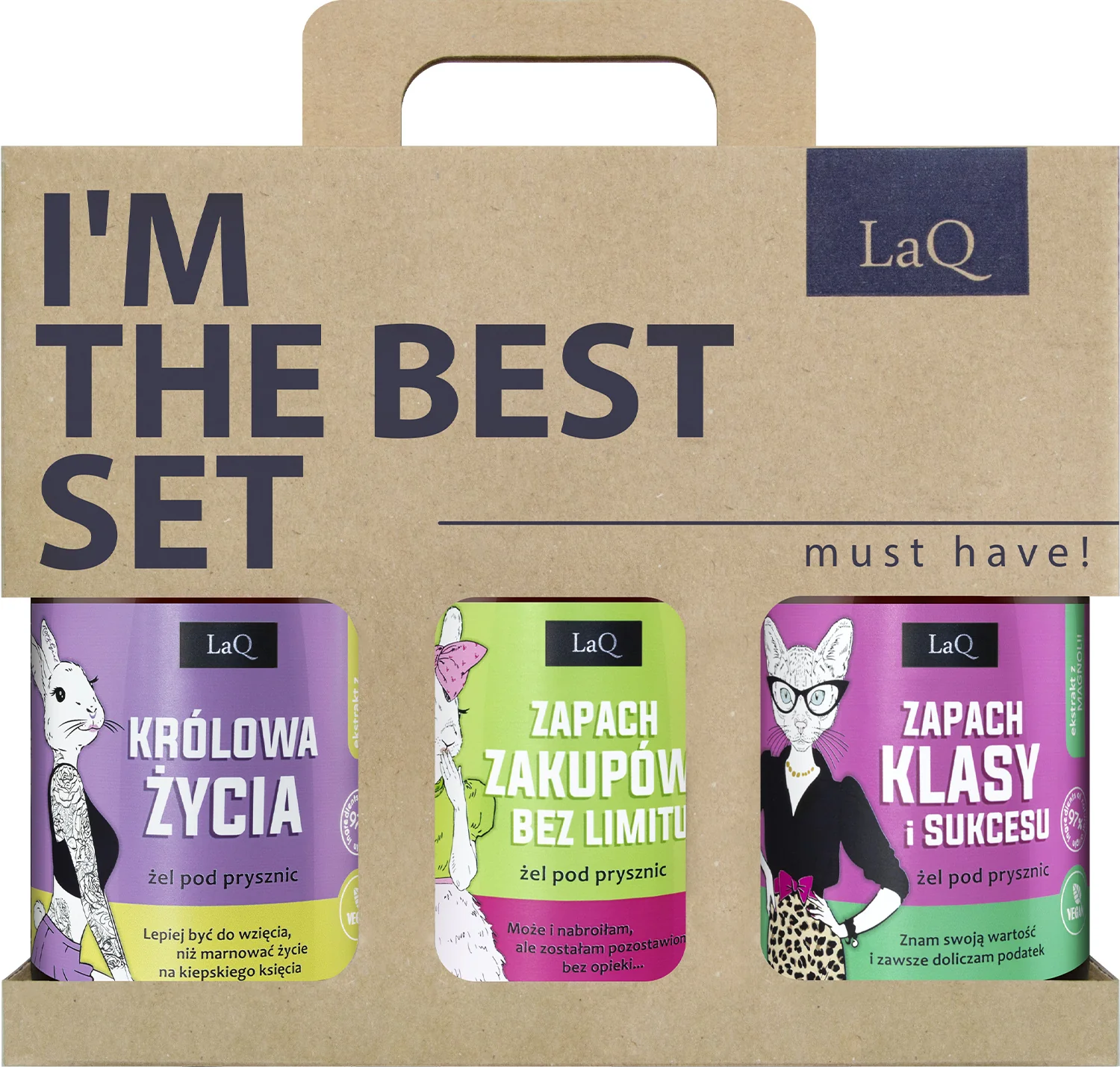 LaQ Czyściopak damski Królowa Życia, Zapach Zakupów bez Limitu, Zapach Klasy i Sukcesu, 3 x żel pod prysznic, 500 ml