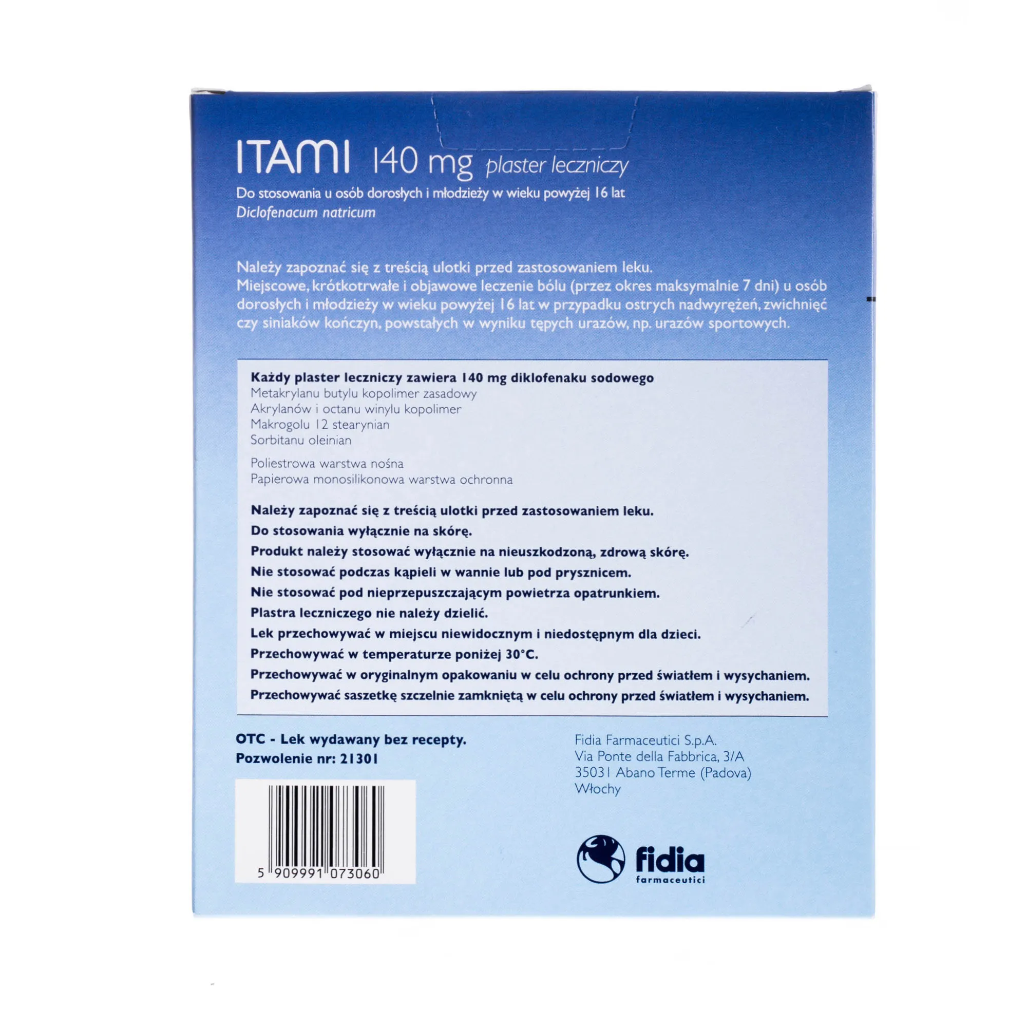 ITAMI 140 mg plaster leczniczy do stosowania u osób dorosłych i młodzieży w wieku powyżej 16 lat, Diclofenacum natricum, 5 plastrów leczniczych 