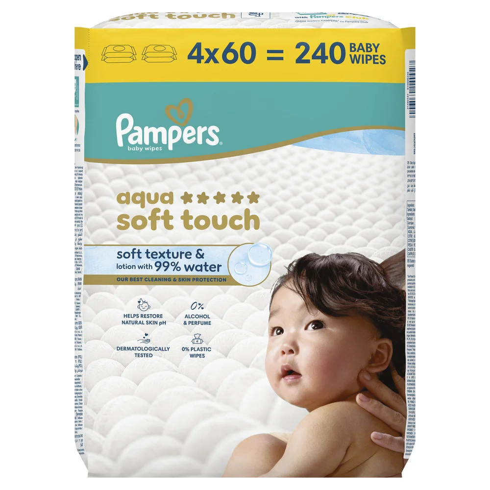 Pampers Aqua Soft Touch chusteczki nawilżane dla dzieci, 4 x 60 sztuk