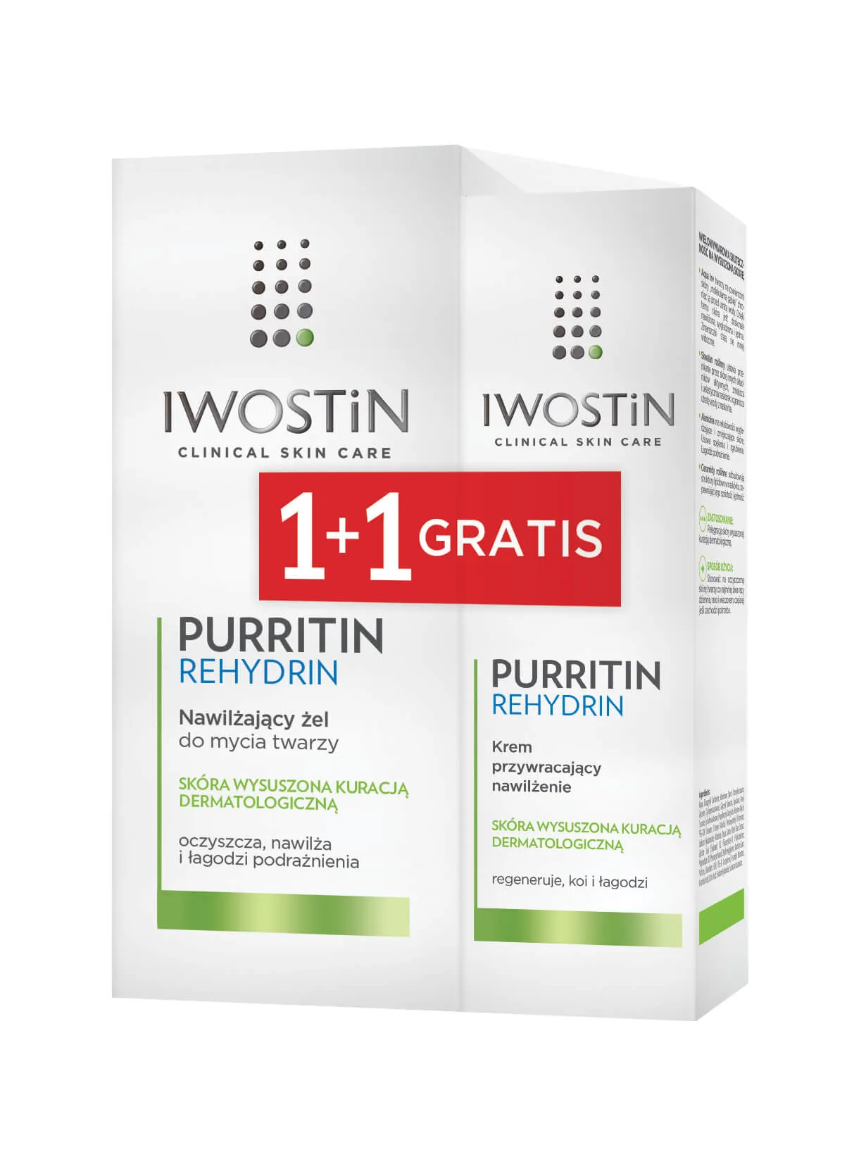 Iwostin Purritin Rehydrin, krem przywracający nawilżenie,  40 ml +  nawilżający żel do mycia twarzy, 150 ml
