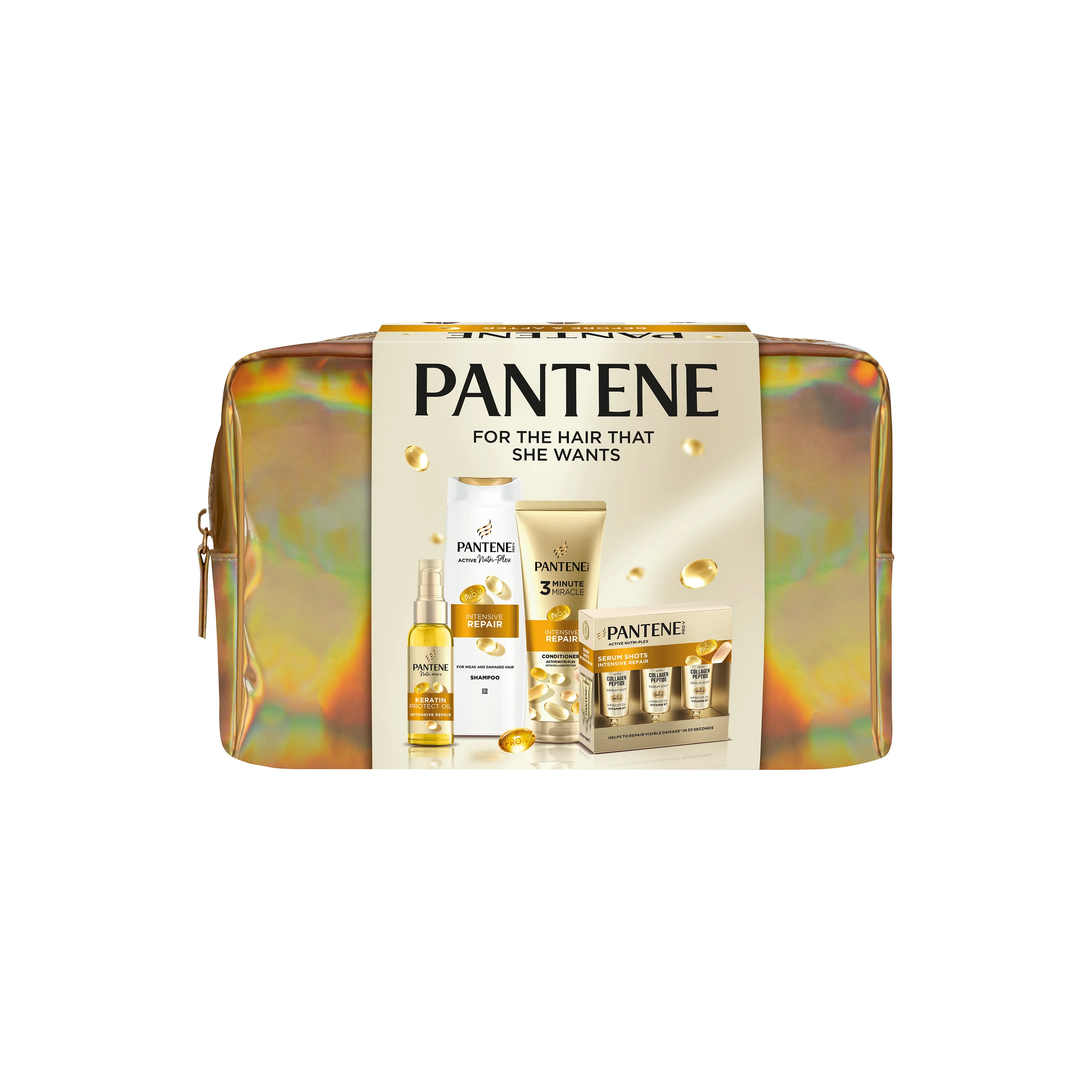 Pantene Golden Bag Intensive Rapair Xmass Zestaw szampon, 250ml + odżywka, 220ml + serum, 3 x15ml + olejek do włosów Keratin Protect, 100ml