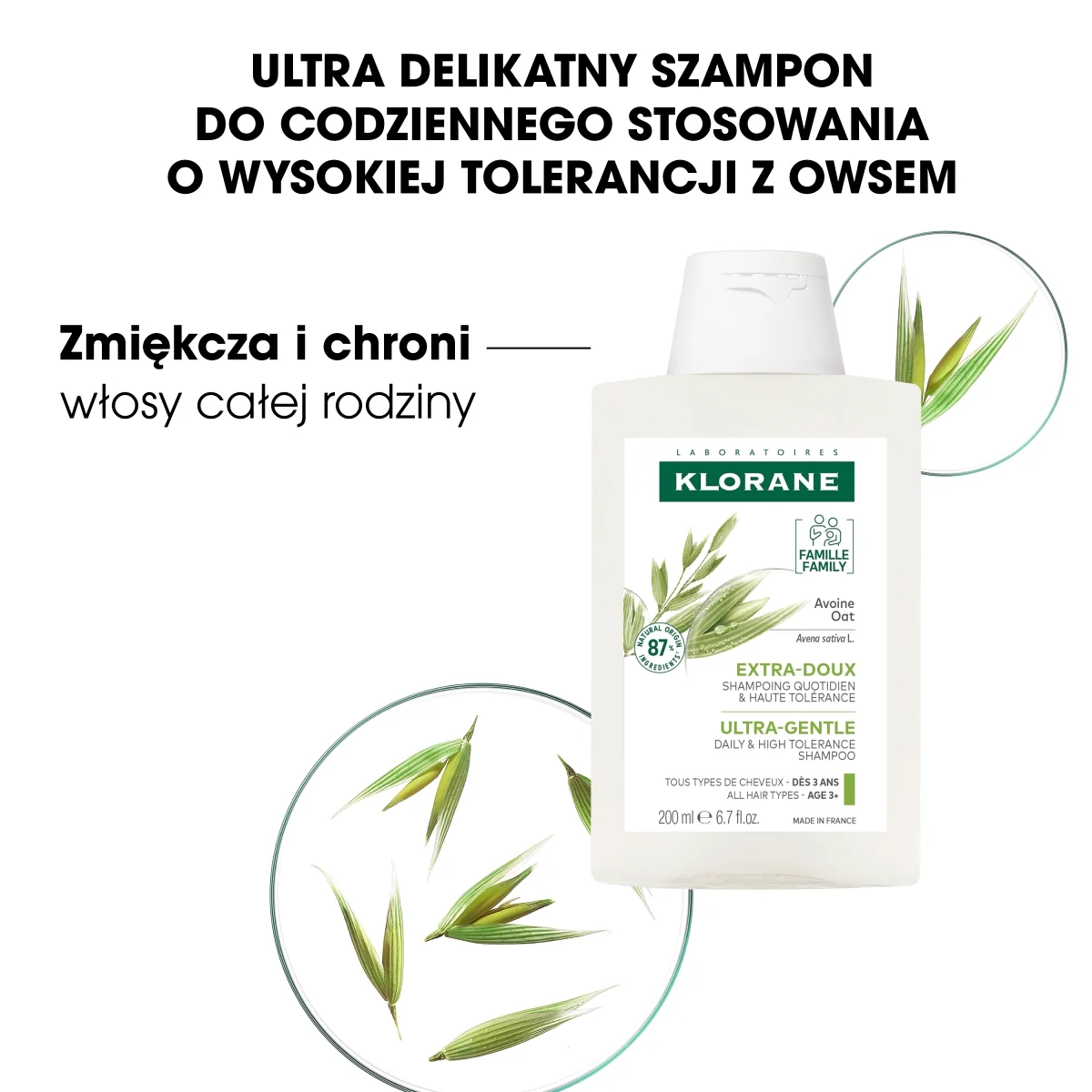 Klorane ultradelikatny szampon z owsem do każdego rodzaju włosów, 200 ml