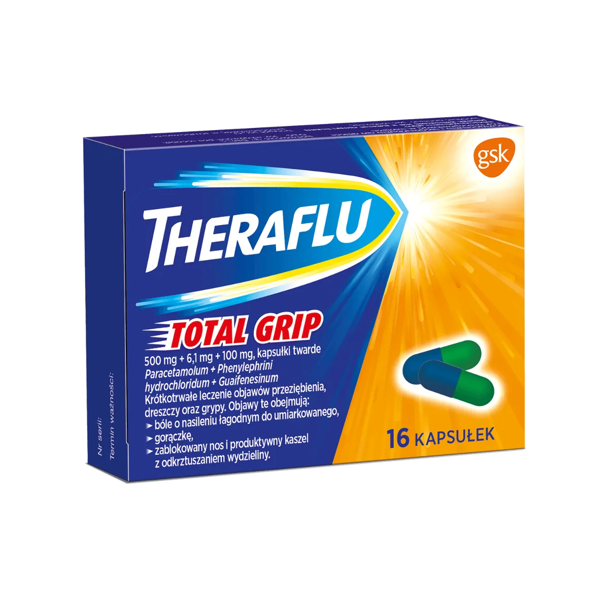 Theraflu Total Grip, lek stosowany do krótkotrwałego leczenia objawów przeziębienia, 16 kapsułek 