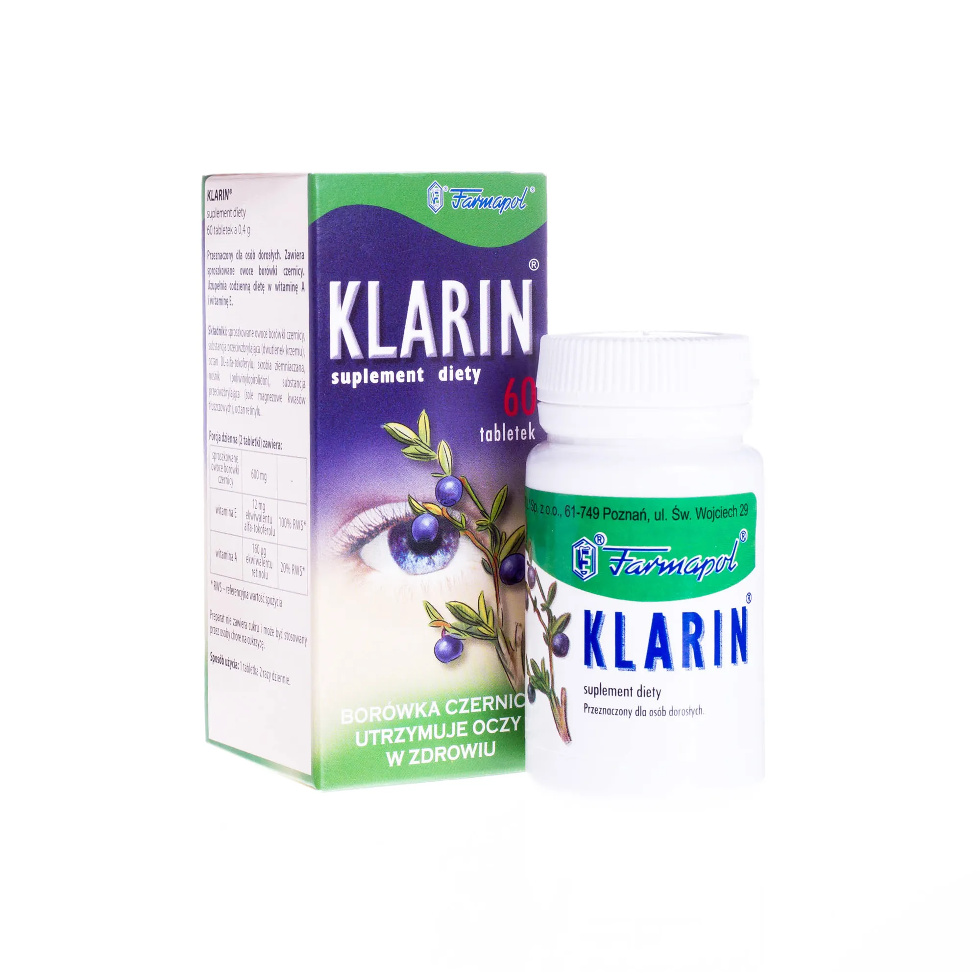 Klarin, suplement diety, utrzymuje oczy w zdrowiu, 60 tabletek z borówką czernicą