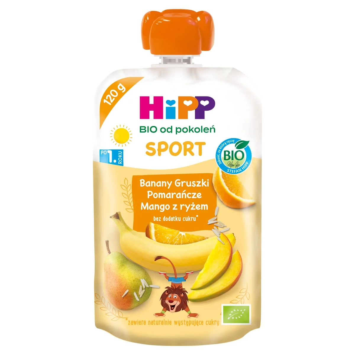 HiPP BIO od pokoleń SPORT banany-gruszki-pomarańcze-mango z ryżem po 12. miesiącu, 120 g