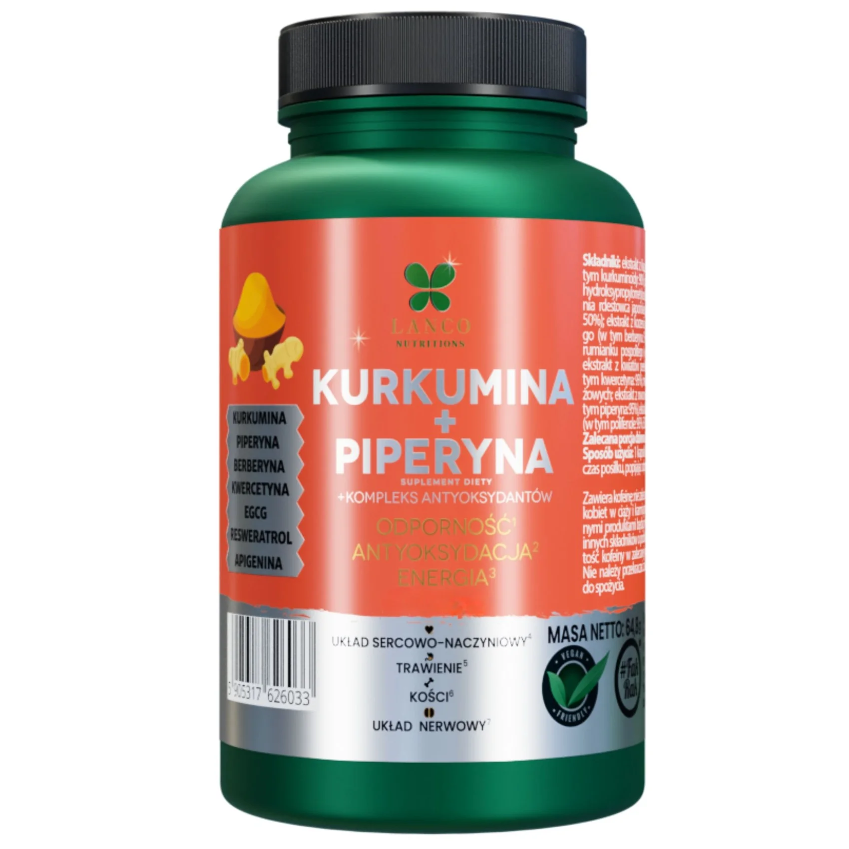 Lanco Nutrition Kurkumina z Piperyną i kompleks antyoksydantów, 60 kapsułek