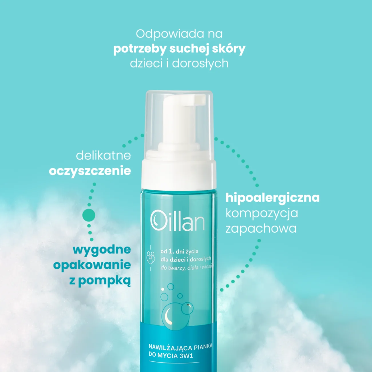 Oillan nawilżająca pianka do mycia ciała i włosów 3w1, 200 ml