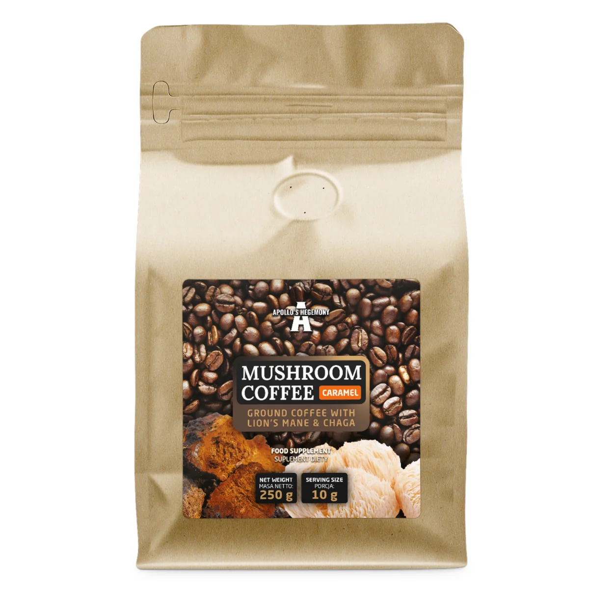 Apollo's Hegemony Mushroom Coffee karmelowa, 250 g