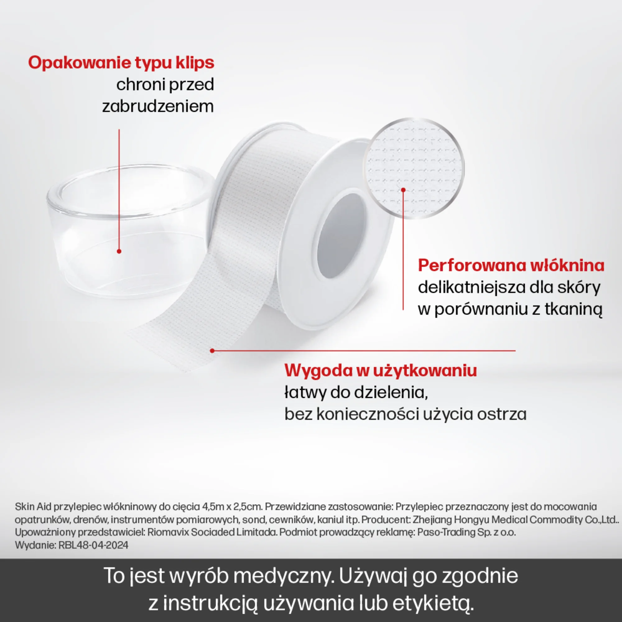 Skin Aid Przylepiec włókninowy 4,5 m x 2,5 cm, 1 sztuka