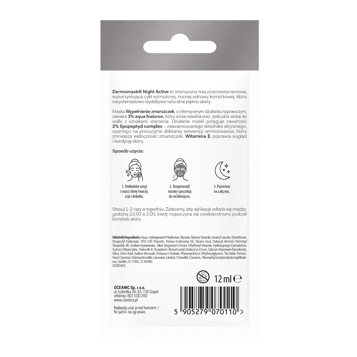 Dermomask Night Active Wypełnienie Zmarszczek maseczka naprawcza, 12 ml, 1 saszetka