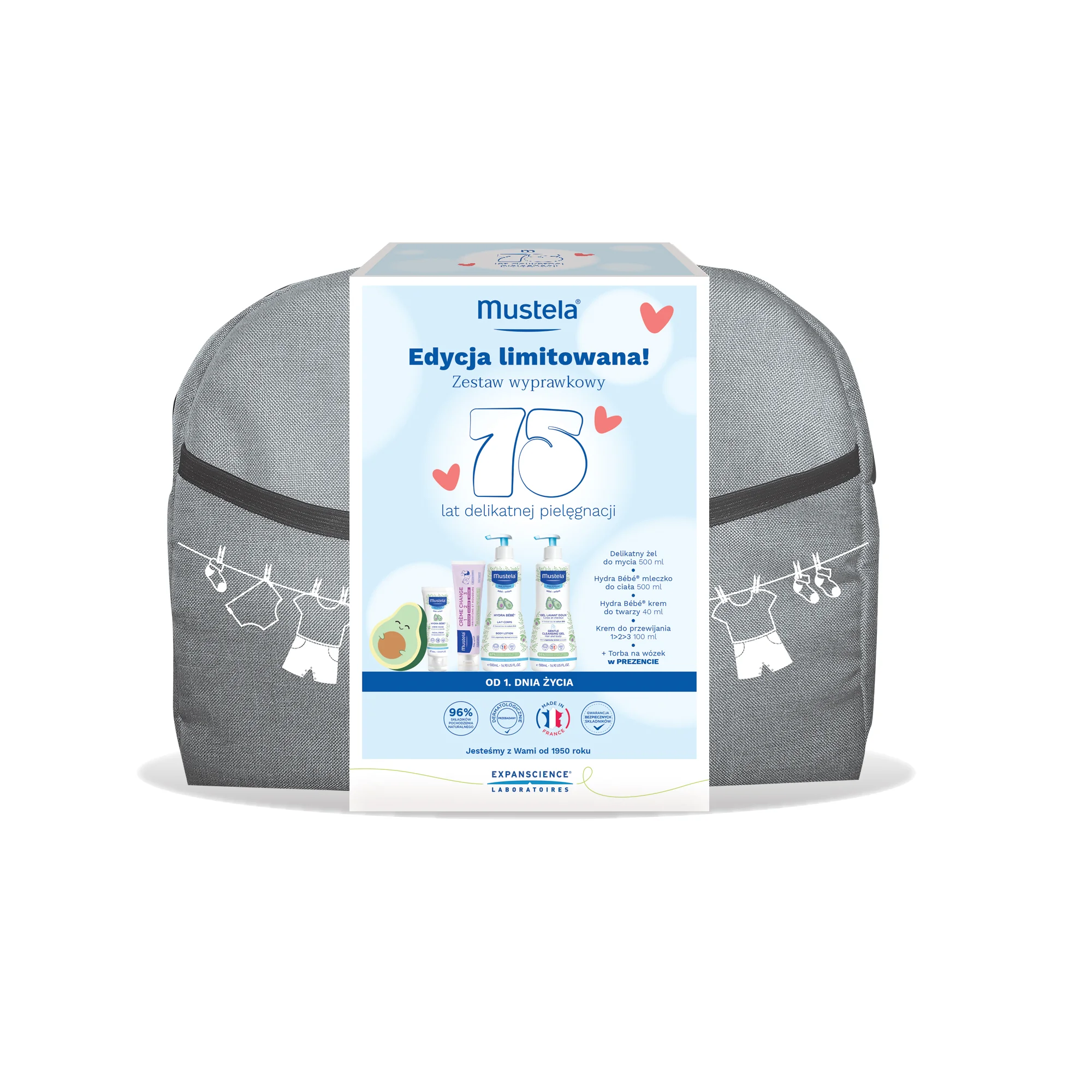 Mustela Zestaw Wyprawkowy delikatny żel do mycia, 500 ml + Hydra Bebe mleczko do ciała, 500 ml + Hydra Bebe krem do twarzy, 40 ml + krem do przewijania 1>2>3, 100 ml + torba na wózek, 1 sztuka