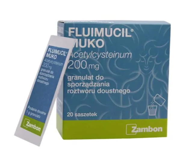Fluimucil Muko 200 mg, granulat do sporządzania roztworu doustnego, 20 saszetek