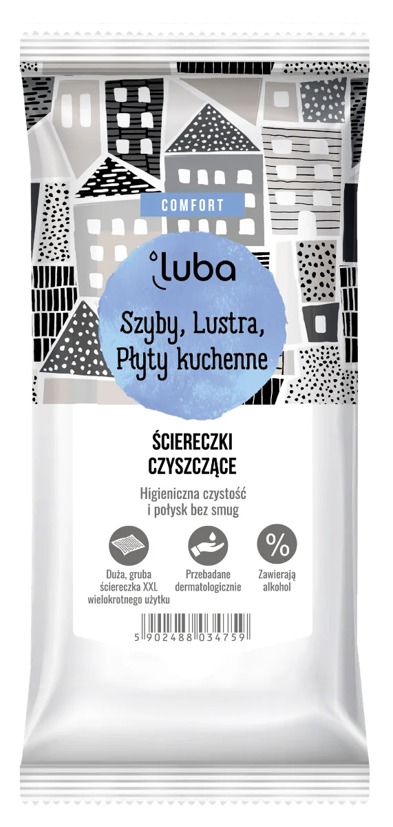 Luba Comfort nawilżane ściereczki czyszczące antybakteryjne Szyby Lustra Płyty kuchenne, 32 sztuki