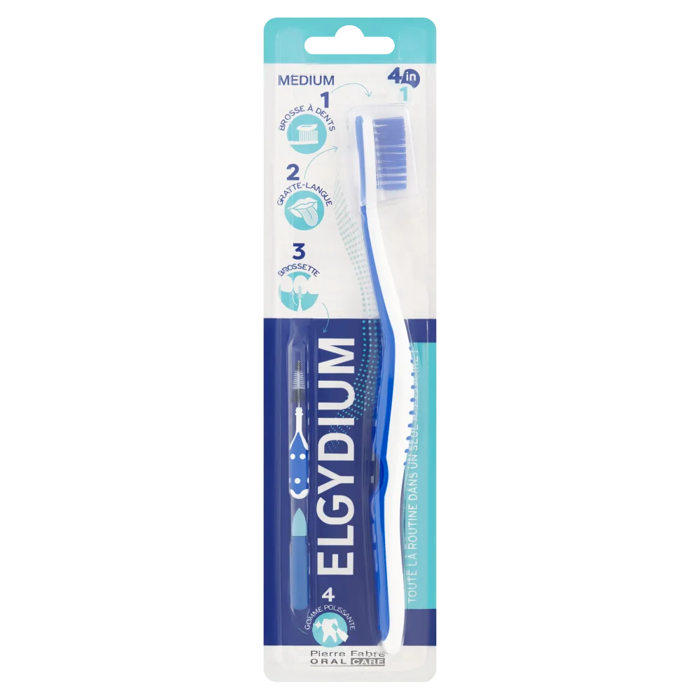 Elgydium 4w1 wielofunkcyjna szczoteczka do zębów średnia, 1 sztuka