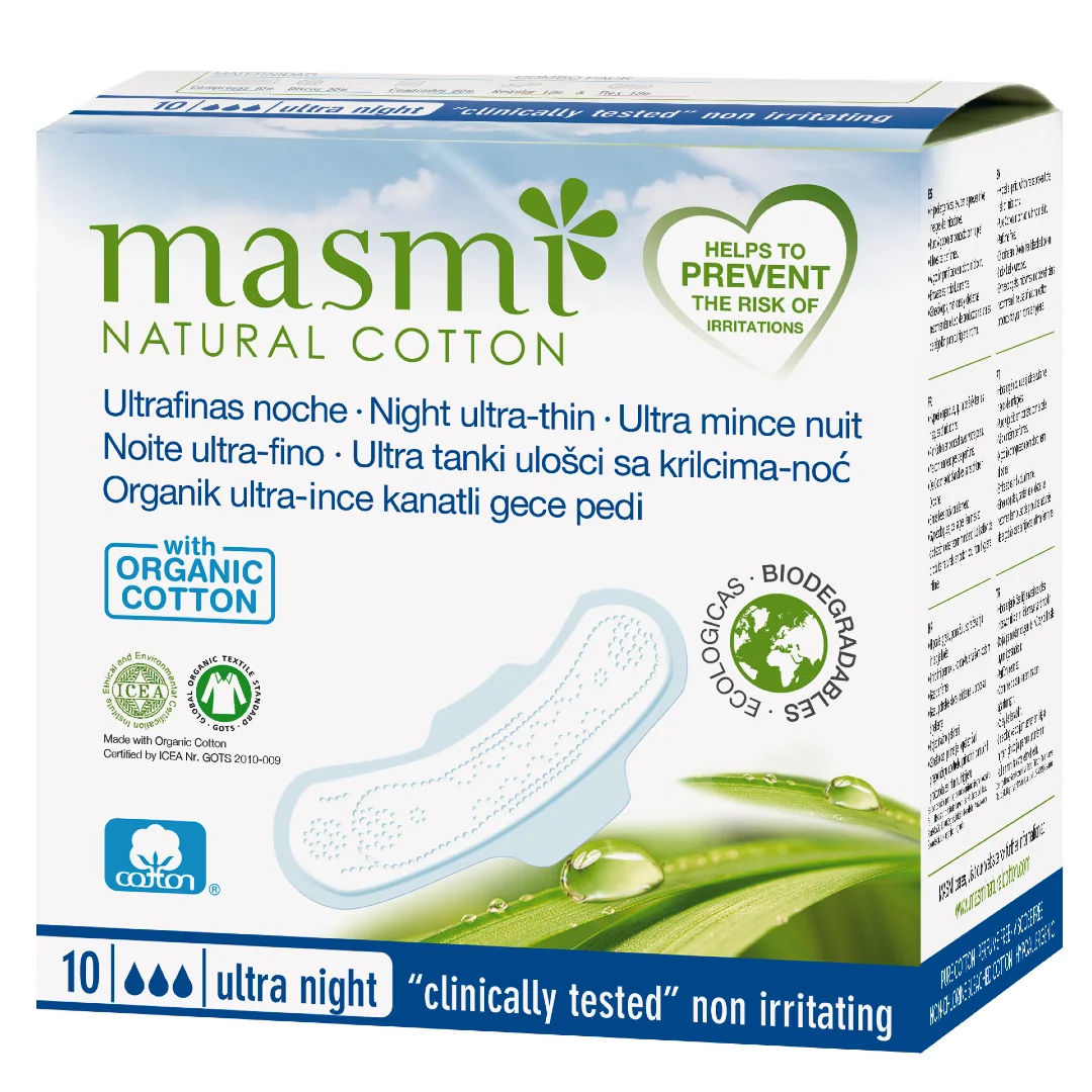 Masmi ultracienkie bawełniane podpaski na noc ze skrzydełkami 100% bawełny organicznej, 10 szt.