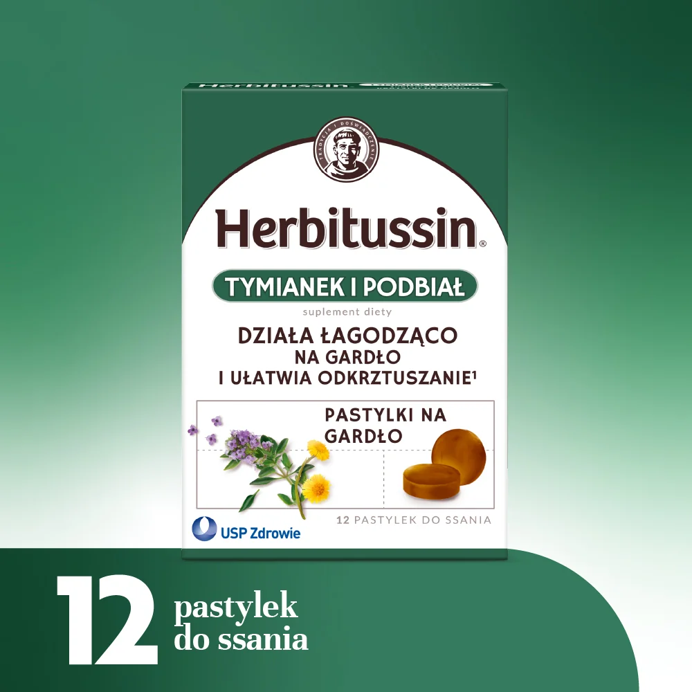 Herbitussin Tymianek i Podbiał pastylki na gardło, 12 szt.