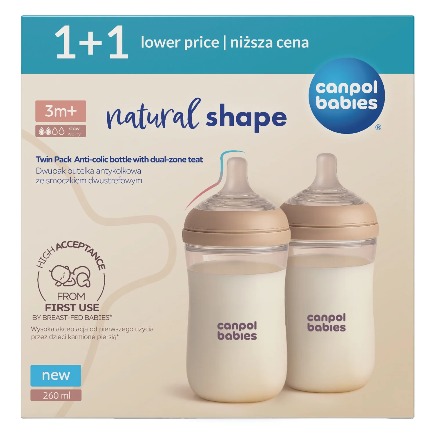 Canpol Babies Natural Shape Dwupak butelka ze smoczkiem dwustrefowym 260 ml, 2 sztuki