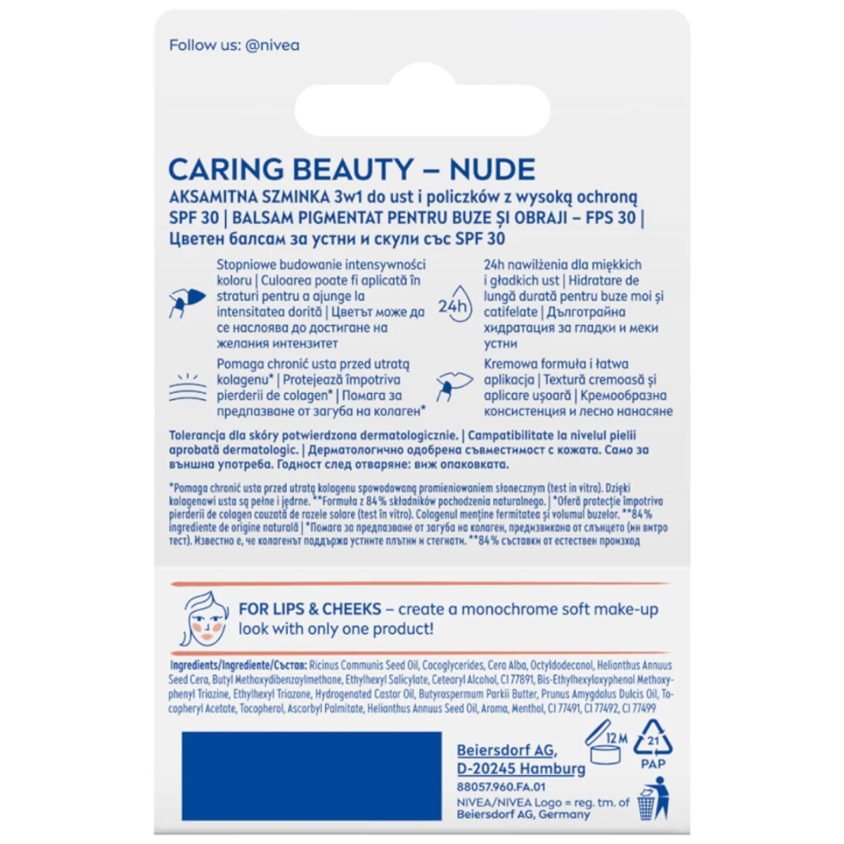 Nivea Caring Beauty 3w1 pomadka pielęgnująca Nude, 4,8 g
