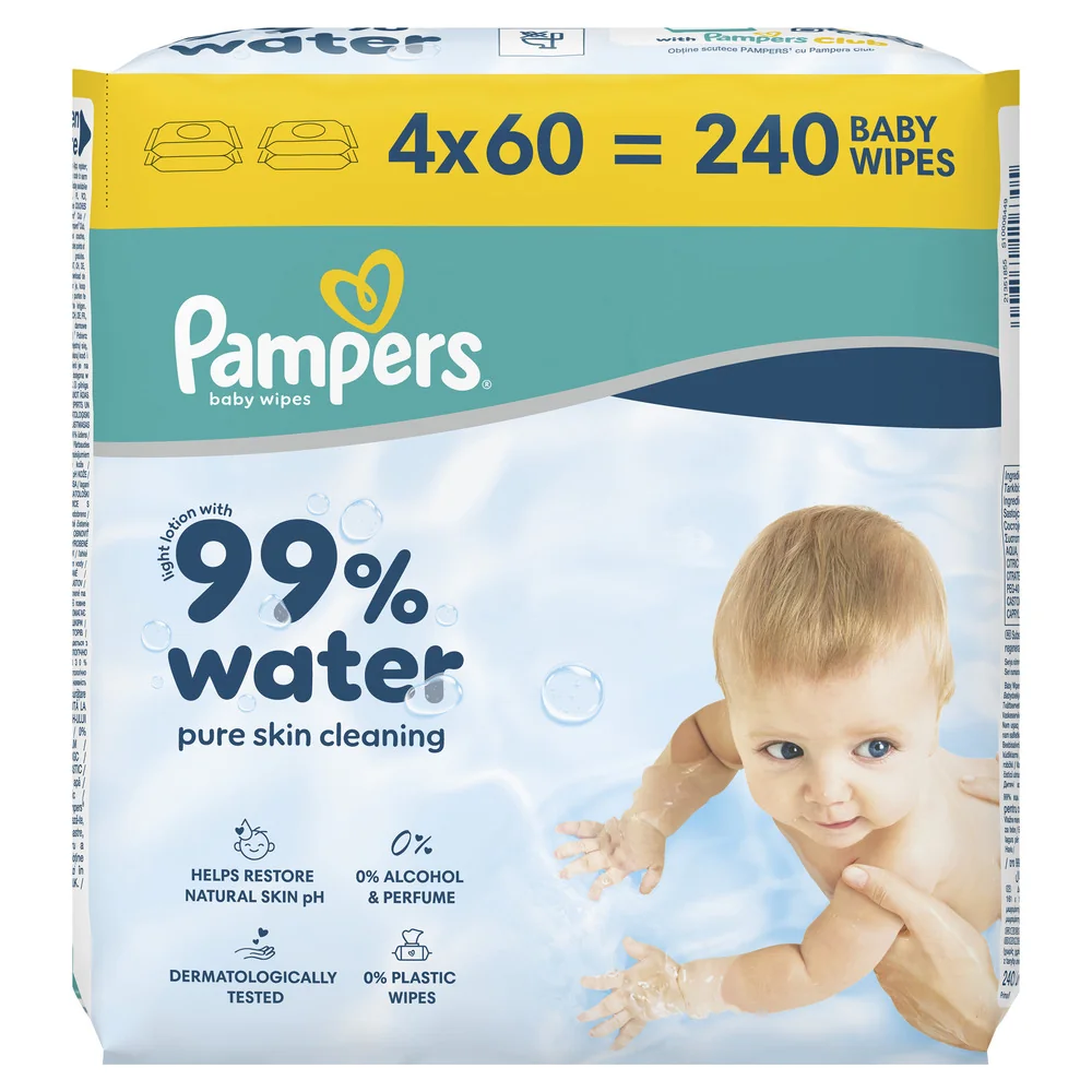 Pampers 99% Water chusteczki nawilżane dla dzieci, 4 x 60 sztuk