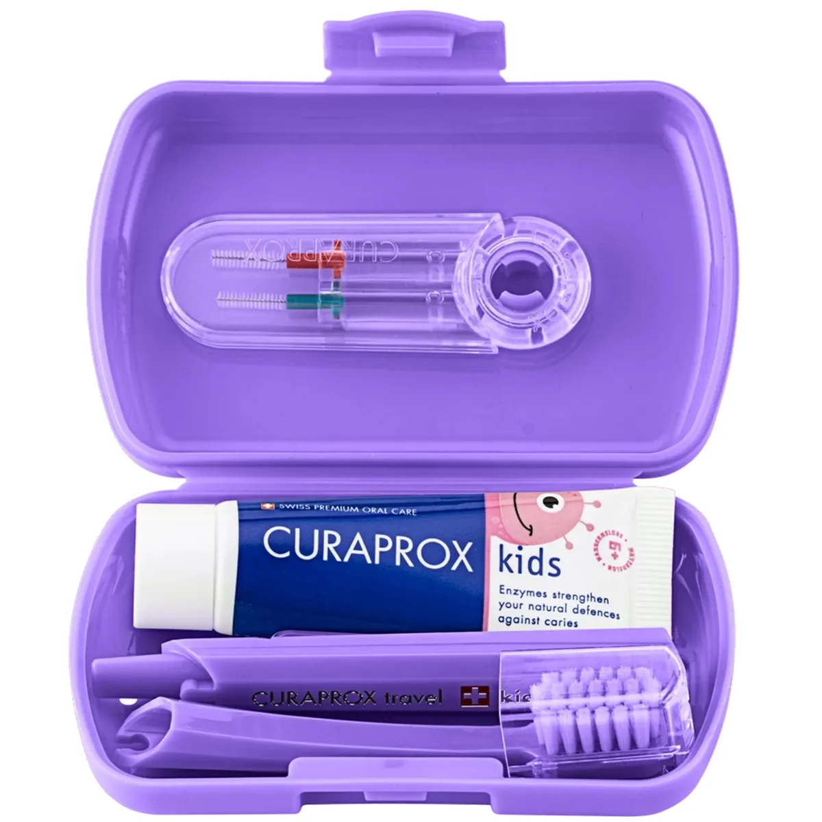 Curaprox Travel Set Kids zestaw podróżny do czyszczenia zębów dla dzieci 6-12 lat fioletowy