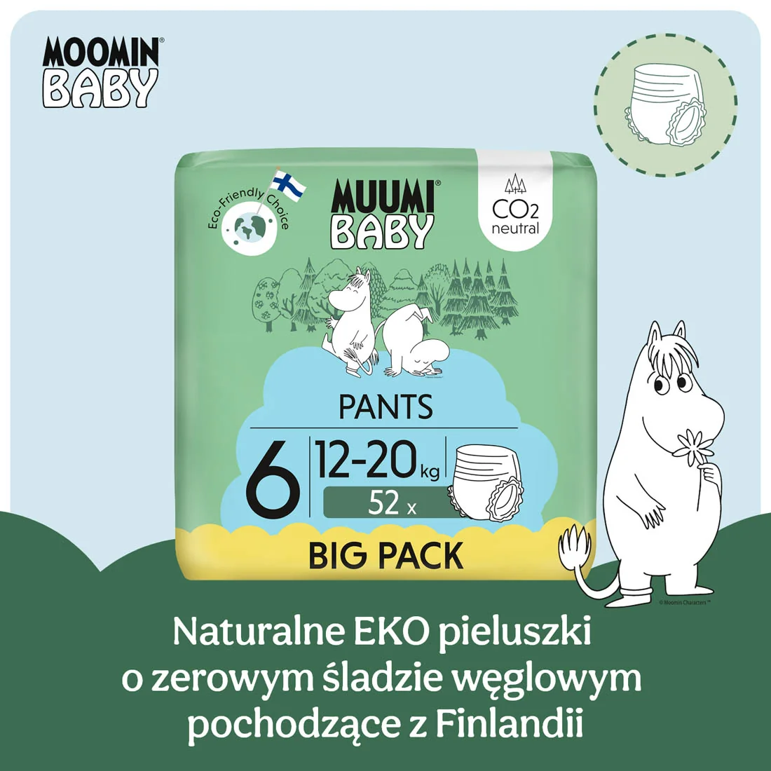 Muumi Baby Walkers 6 pieluchomajtki ekologiczne 12-20 kg, 52 szt.